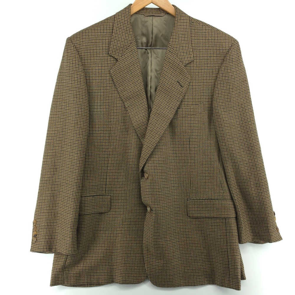 Hickey Freeman Mens Blazer 100% Camel Hair Brown Houndstooth 46R Sport Coat VTG